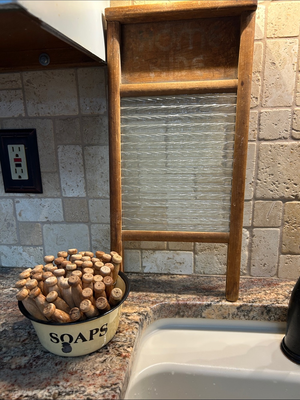 Vintage Wooden Washboard with Glass Ridges -Enamel Bowl-50 Vintage clothespins